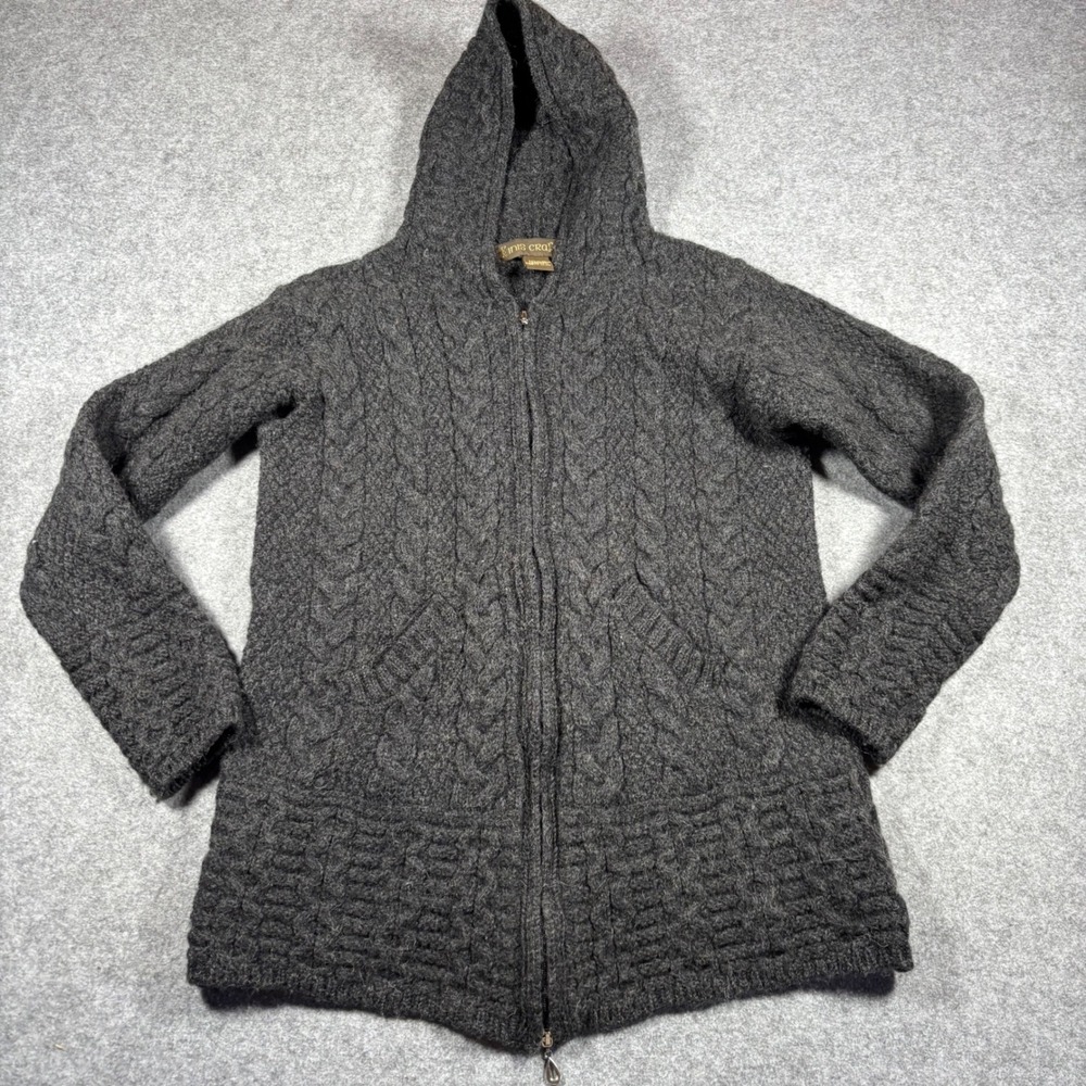 Inis‎ Crafts Merino Wool Cable Knit Hooded Cardigan Sweater Gray Ireland M